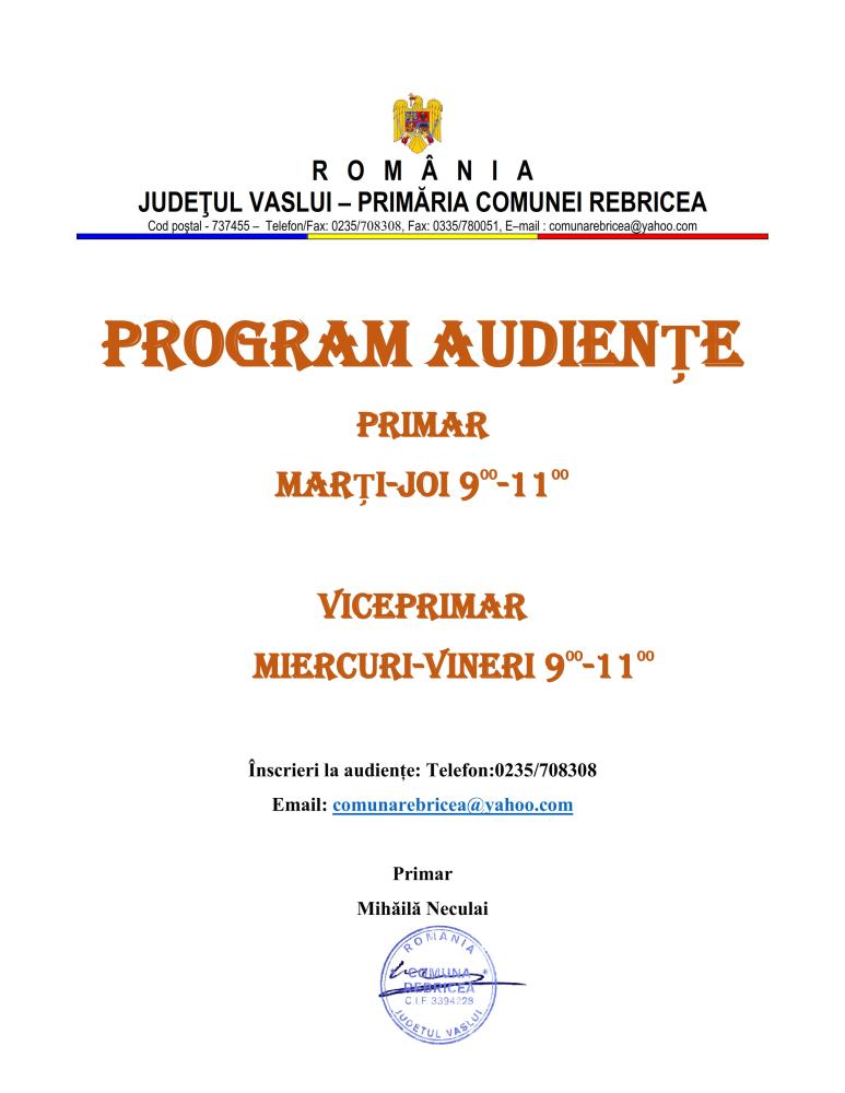 Program audiențe Primăria Rebricea, județul Vaslui