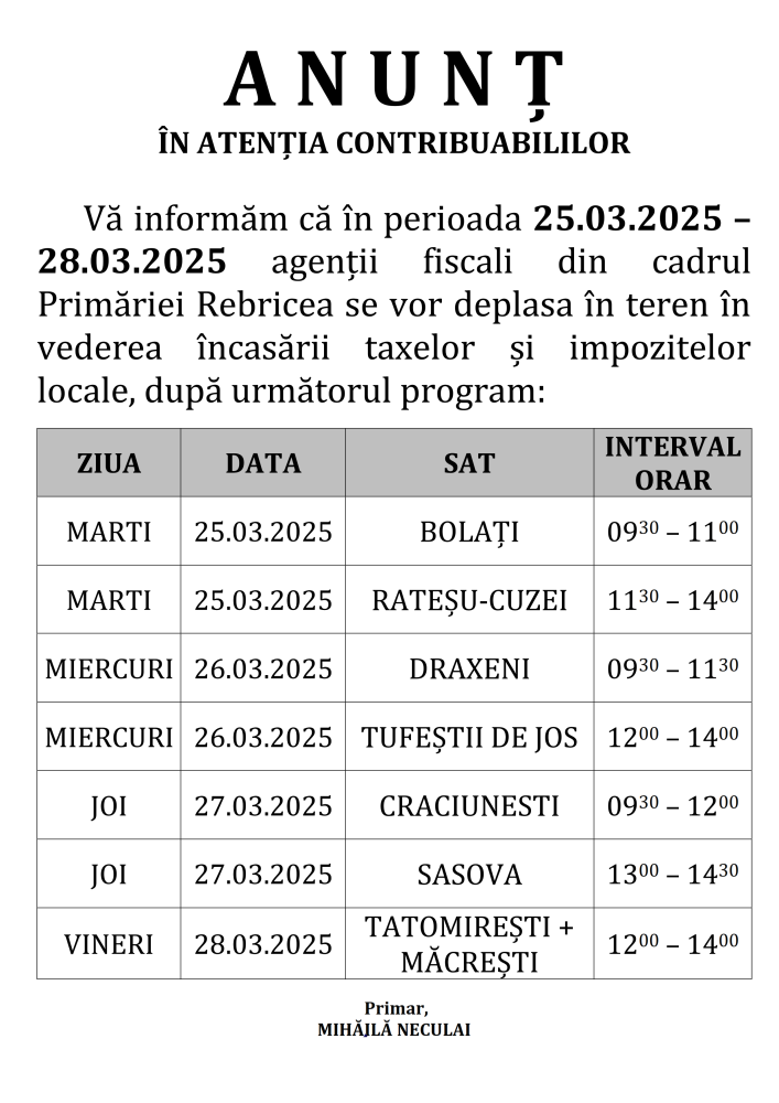 Anunț privind încasarea taxelor și impozitelor locale în perioada 25.03.2025 - 28.03.2025
