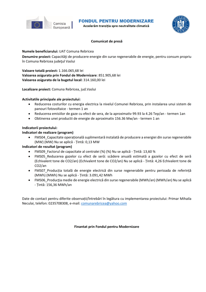 Comunicat de presă proiect Capacități de producere energie din surse regenerabile de energie, pentru consum propriu în Comuna Rebricea, județul Vaslui