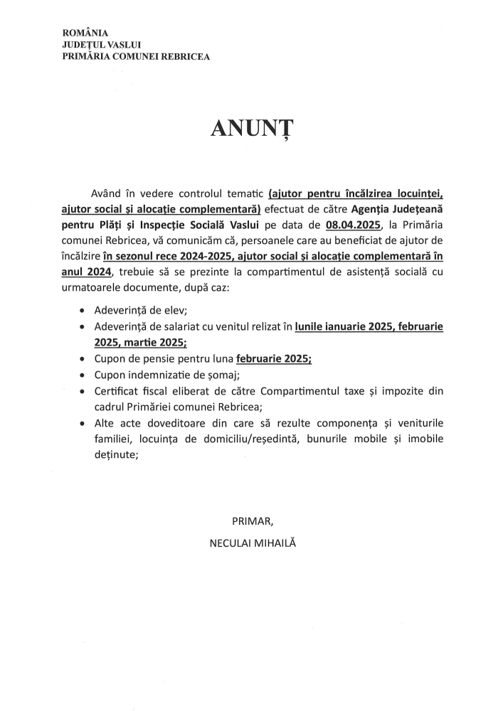 Anunț privind persoanele care au beneficiat de ajutor de încălzire în sezonul rece 2024-2025, ajutor social și alocație complementară în anul 2024
