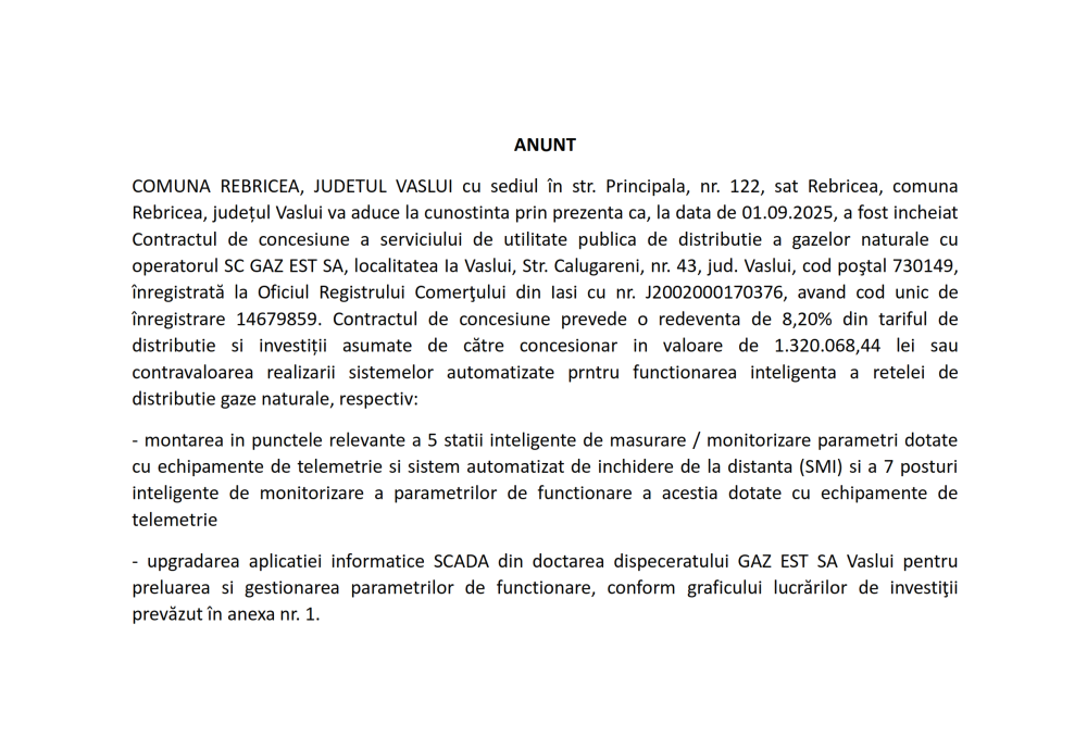 Anunț privind încheiere Contract de concesiune a serviciului de utilitate publică de distribuție a gazelor naturale cu operatorul SC GAZ EST SA