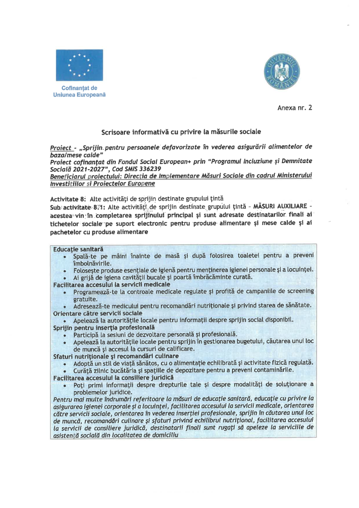 Scrisoare informativă cu privire la măsurile sociale