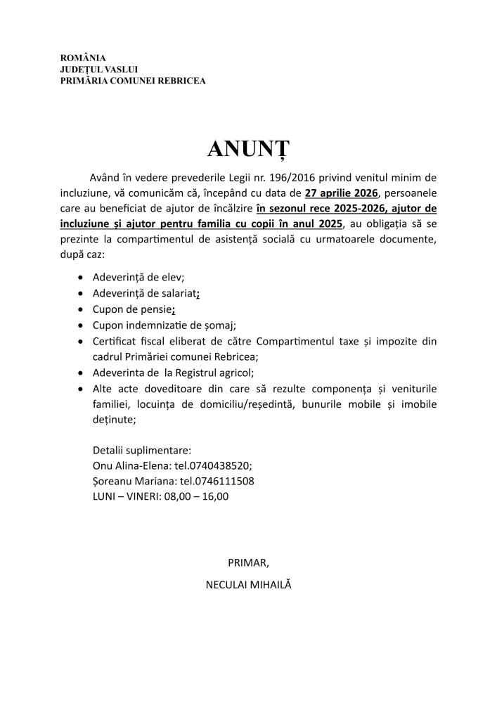 Anunț privind persoanele care au beneficiat de ajutor de încălzire în sezonul rece 2025-2026, ajutor de incluziune și ajutor pentru familia cu copii în anul 2025