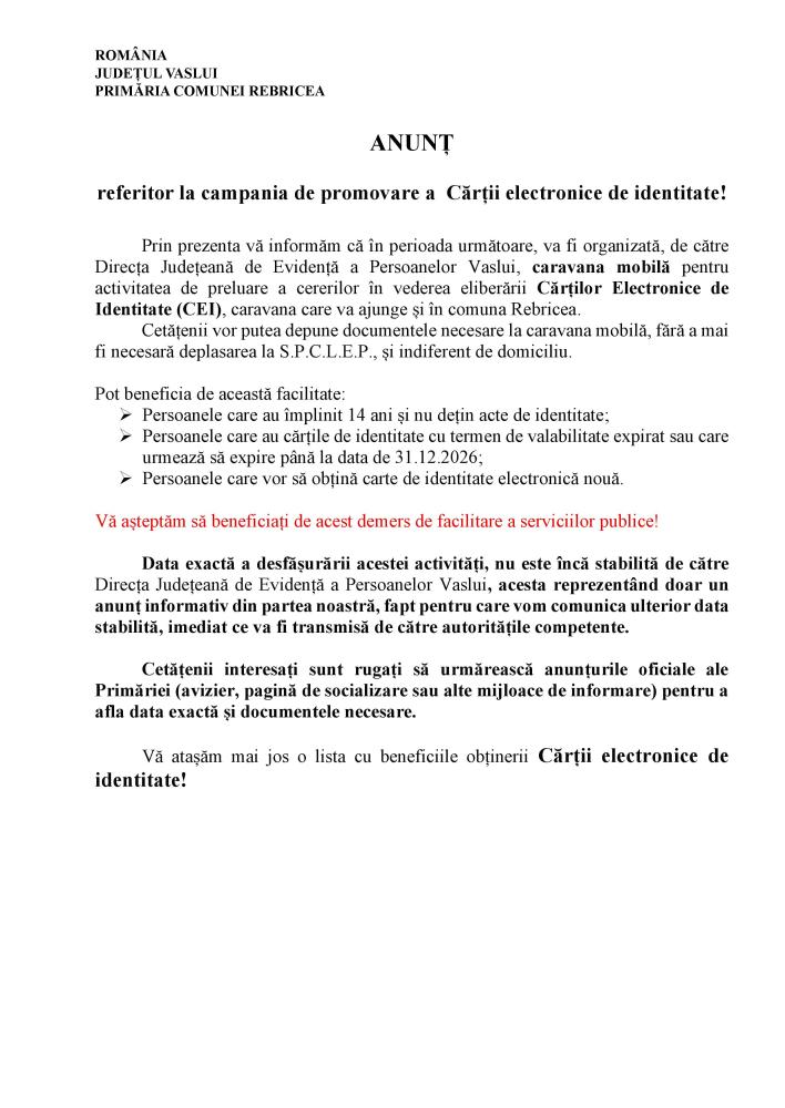Anunț referitor la campania de promovare a Cărții Electronice de Identitate