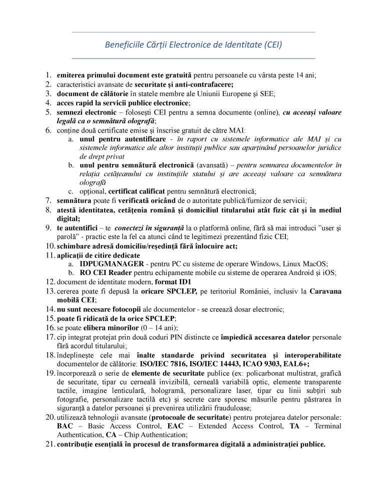 Beneficiile Cărții Electronice de Identitate (CEI)