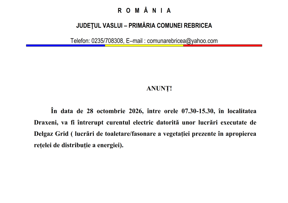 <div>Anunț privind întreruperea curentului electric în data de 28 octombrie 2026, între orele 07.30-15.30, în localitatea Draxeni</div>