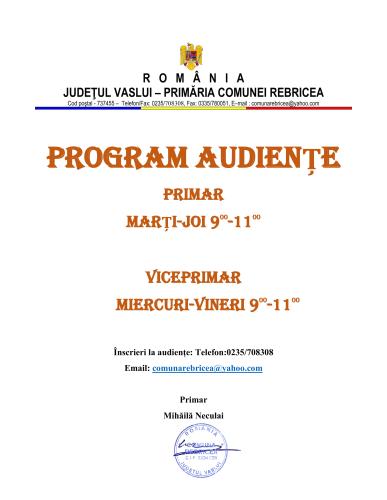 Program audiențe Primăria Rebricea, județul Vaslui