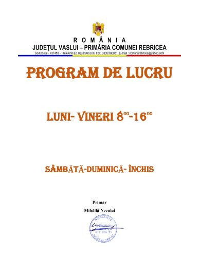 Program de lucru Primăria Rebricea, județul Vaslui