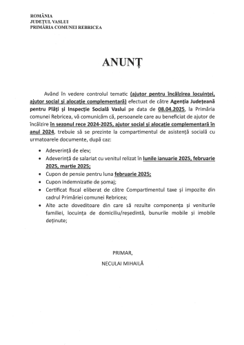 Anunț privind persoanele care au beneficiat de ajutor de încălzire în sezonul rece 2024-2025, ajutor social și alocație complementară în anul 2024