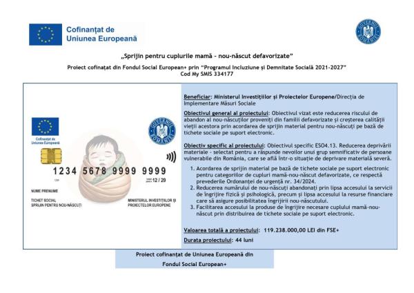 „Sprijin pentru cuplurile mamă - nou-născut defavorizate” Proiect cofinanțat din Fondul Social European+ prin „Programul Incluziune și Demnitate Socială 2021-2027” Cod My SMIS 334177 