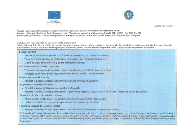 Proiect - „Sprijin pentru persoanele defavorizate în vederea asigurării alimentelor de bază/mese calde”