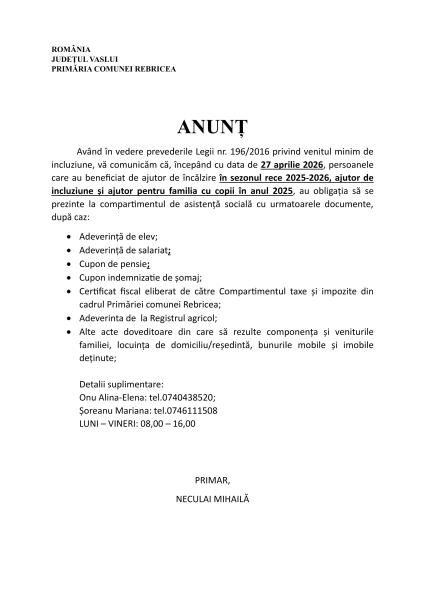 Anunț privind persoanele care au beneficiat de ajutor de încălzire în sezonul rece 2025-2026, ajutor de incluziune și ajutor pentru familia cu copii în anul 2025